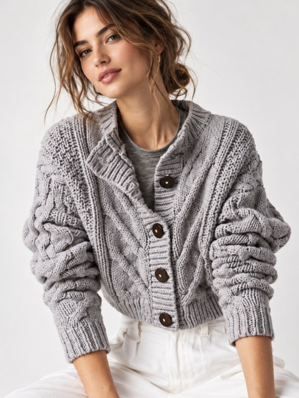 Free People Bonfire Cable Cardigan Grey Cropped Chunky Knit Button Up Boho Sz L